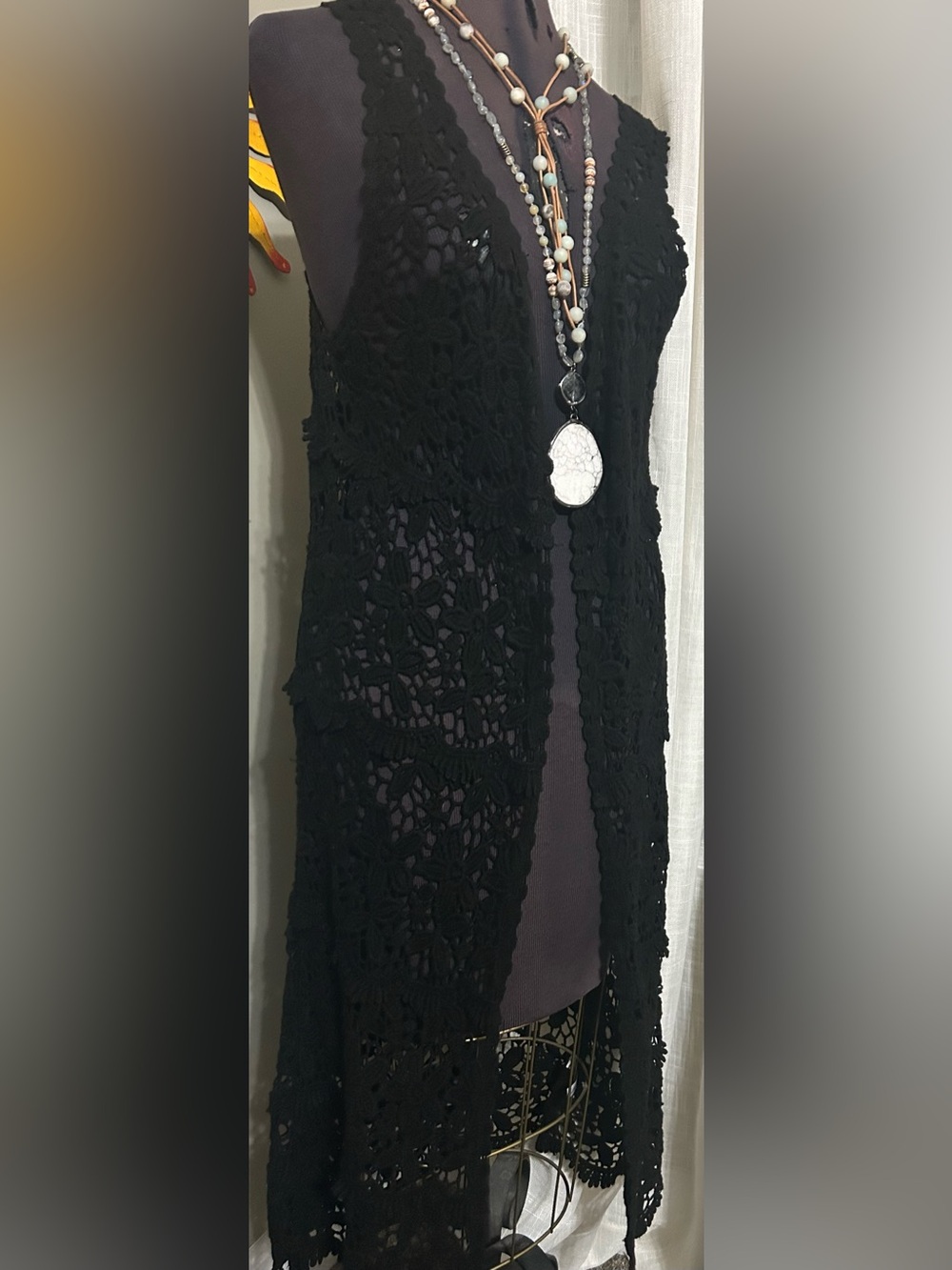 By Landry Black Crochet Lace Vest Long Cottagecore Fairygoth Boho